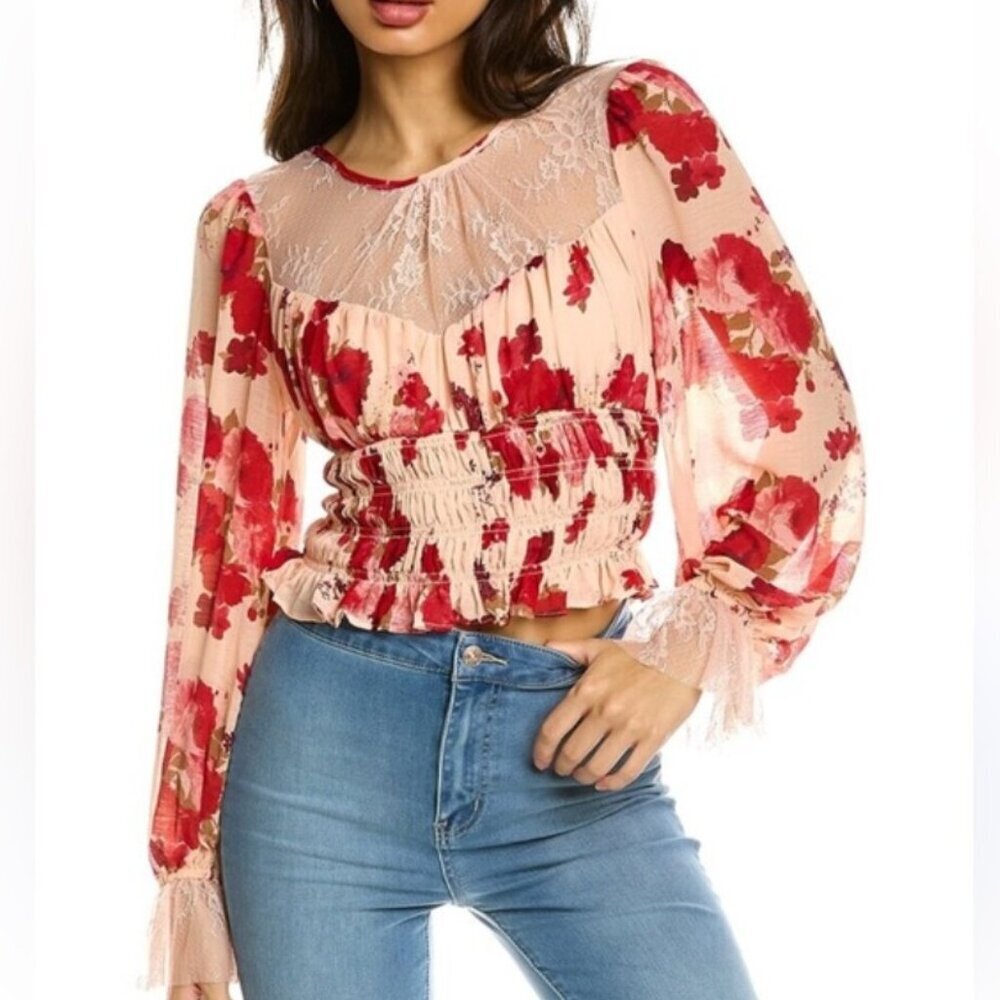 Free People Daphne Smocked Waist Lace Trim Floral Crop Blouse Pink Sz S